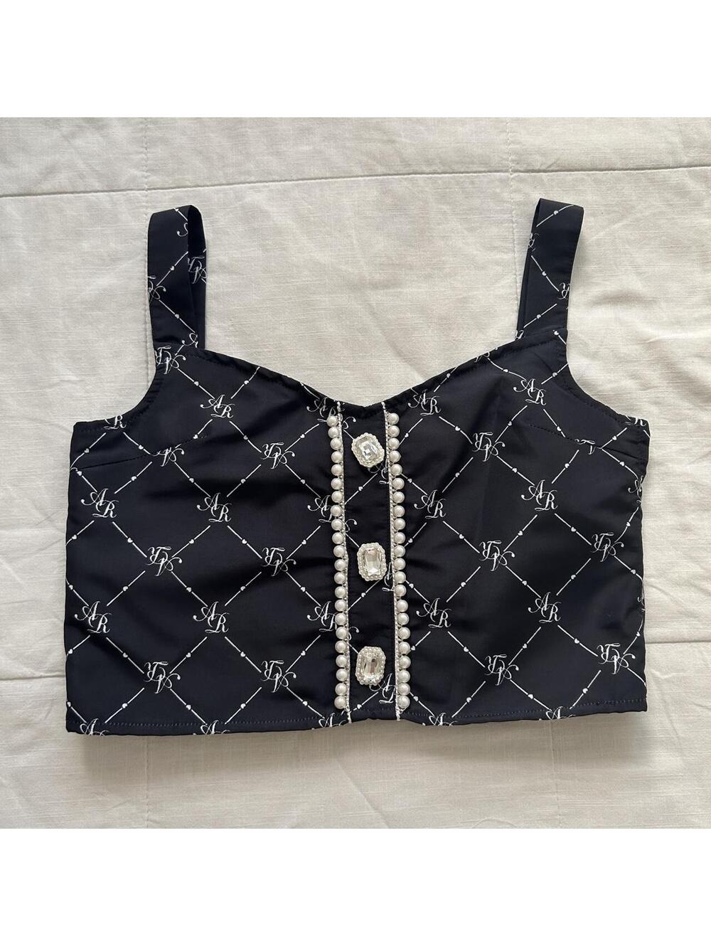 Ank Rouge Black Monogram Crop Cami Pearl Jeweled Tank Jirai Kei Size Small Japan